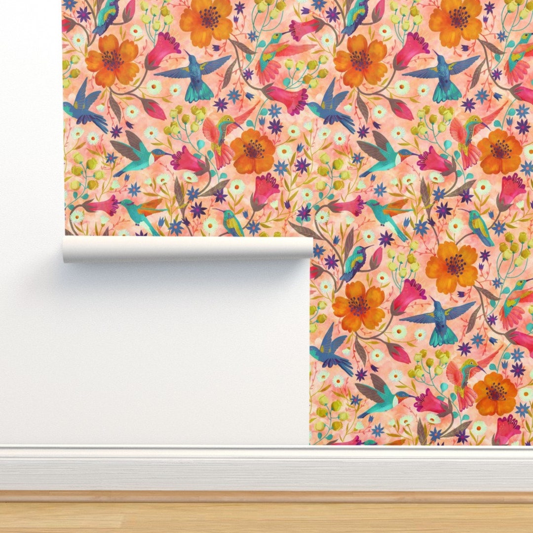 Pollinators Wallpaper Hummingbirds by Gaiamarfurt Pink - Etsy
