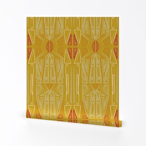 Afrikanischer Stoff - Okoye Applebum Von Freethebold - Wakanda Gelb Rot Geometrische Art Deco Abnehmbare selbstklebende Tapetenrolle von Spoonflower