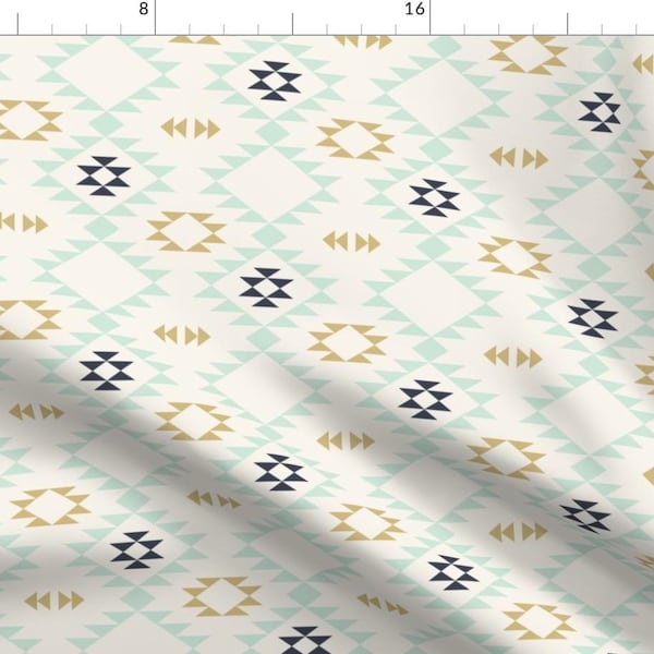 Southwestern Fabric - Off White Mint Gold Custom Fabric By Kimsa - Southwestern Tribal Boho Cotton Fabric by the yard with Spoonflower