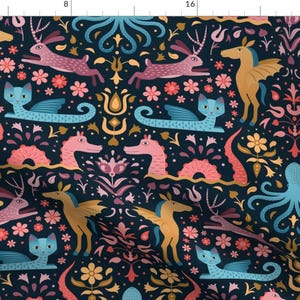 May include: A dark blue fabric with a repeating pattern of colorful mythical creatures, flowers, and geometric designs. The creatures include a winged horse, a cat with wings, a seahorse, a deer, and an octopus.