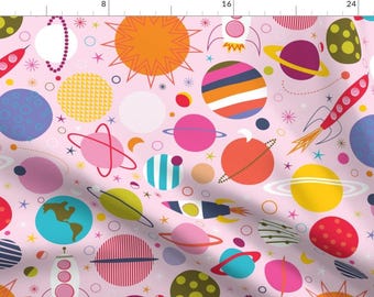 Space Fabric - Rocket Science By Katerhees - Solar System Planets Sun Rocket Girl Nursery Apparel Cotton Fabric By The Yard With Spoonflower