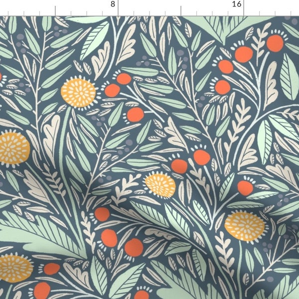 Modern Botanical Fabric - Astrid by amy_maccready - Dandelions Yellow Orange Blue Floral Eucalyptus Fabric by the Yard by Spoonflower