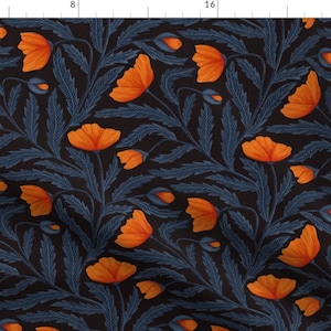 Dark Chintz Apparel Fabric - Poppy Flower by denesannadesign - Blue And Orange Poppy Flower Climbing Floral Clothing Fabric by Spoonflower