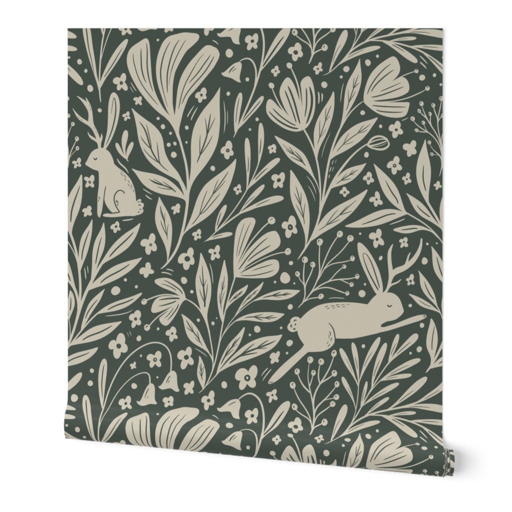 Jackalope Wallpaper Antlered Rabbits in the Flowers by - Etsy