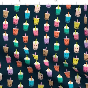 May include: A seamless pattern of colourful boba tea cups with smiling faces on a dark blue background.