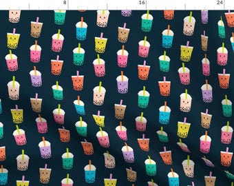 Boba Tea Fabric - Boba Kawaii Cute Food Bubble Tea Food Navy By Charlottewinter - Pink Blue Snack Cotton Fabric by the Yard with Spoonflower