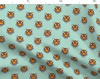 Tiger Fabric - Tiger Face By Littlearrowdesign - Tiger Face Aqua Animal Nursery Decor Kids Room Cotton Fabric By The Yard With Spoonflower
