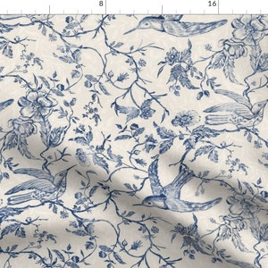 Blue Floral Toile Fabric - Hummingbird Toile  by bridgettstahlman - Toile Chinoiserie Rococo Vintage Birds Fabric by the Yard by Spoonflower