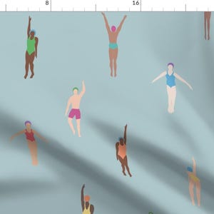 May include: A repeating pattern of swimmers in various poses and swimsuits on a light blue background. The swimmers are all wearing swim caps and are in different colours.