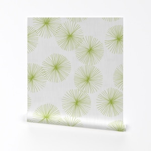 Carta da parati Mid Century - Dandelions M+M White Lime di Friztin - Rotolo di carta da parati autoadesiva rimovibile stampata personalizzata verde di Spoonflower