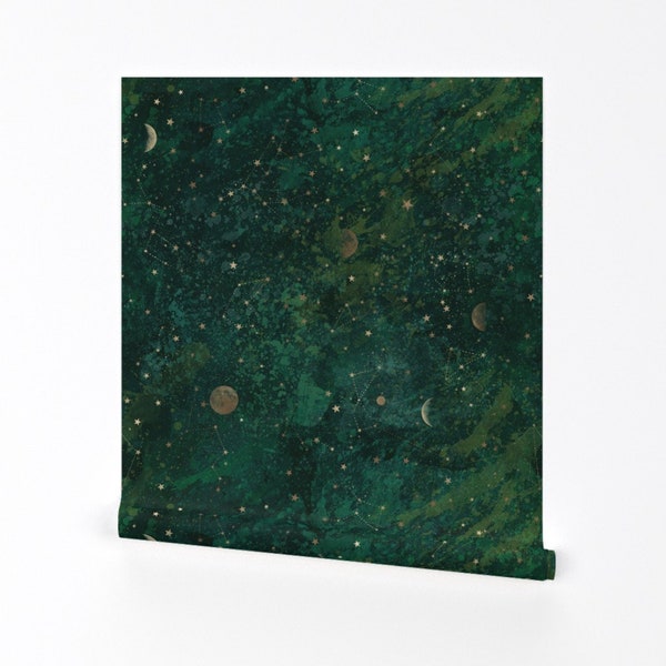 Celestial Sky Wallpaper - Dark Green Galaxy by rebecca_reck_art - Emerald Green Night Sky Removable Peel and Stick Wallpaper by Spoonflower