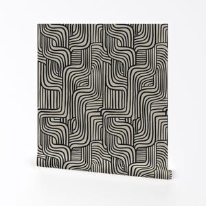 Moderne Abnehmbare Tapete zum Abziehen und Aufkleben - Geometrisch Schwarz Beige Linear - Wand Kunst Deco - Modernes Labyrinth Mud Cloth by michele_norris