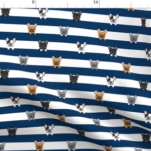 Frenchie Blue Stripe Fabric - French Bulldog Stripes Dog Breed Navy By Petfriendly - Frenchie Cotton Fabric By The Yard With Spoonflower