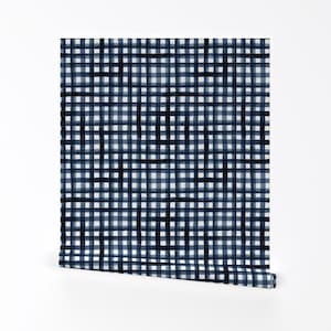 Plaid Wallpaper - Watercolor Plaid-Navy By Crystal Walen - Plaid Blue Custom Printed Removable Self Adhesive Wallpaper Roll by Spoonflower