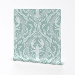 Nautical Wallpaper - Lobster And Seaweed Damask - By Hannahshields - Mint Green Sea Removable Self Adhesive Wallpaper Roll by Spoonflower