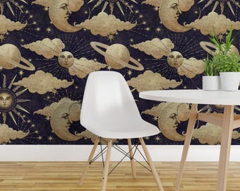 Mosaic Blue Plates Smiling Sun Moon Scalloped Wallpaper Border – Retro Design, Prepasted Roll 15 Ft X 9 In, Washable & Breathable