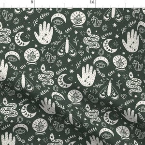 Whimsical Mystic Fabric - Whimsical Gothic Olive by coastlstudio - Gothic Witchy Occult Green Goth Spooky Fabric by the Yard by Spoonflower