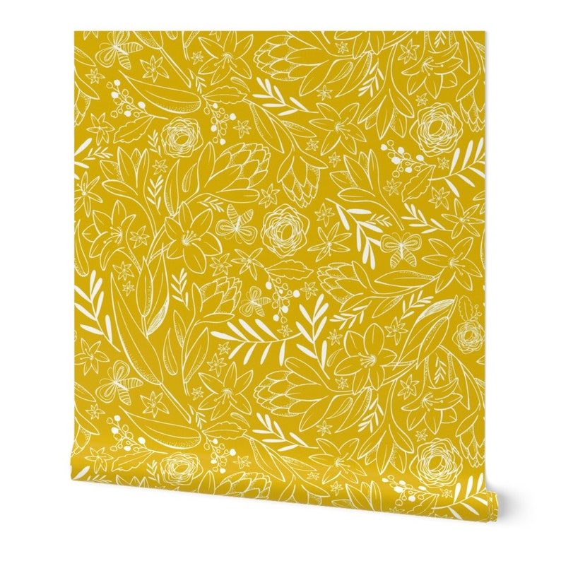 Floral Wallpaper Botanical Sketchbook Floral Yellow by - Etsy