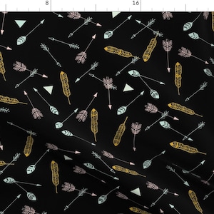 Black Feathers Fabric - Scatter Feather Arrows On Black By Pixabo - Boho Tribal Feathers Nursery Cotton Fabric By The Yard With Spoonflower