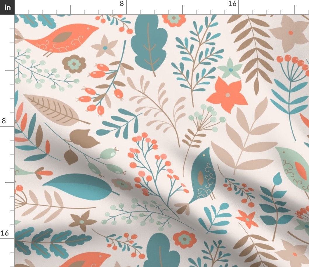 Birds and Flowers Fabric Birds and Flowers by Okpen Birds Etsy