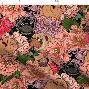 Pug Fabric - Because Pugs By Huebucket - Pug Floral Animal Dog Lover Cotton Fabric By The Yard With Spoonflower