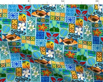 Tiki Fabric - New Hawaiian Motif By Madtropic - Tiki Bright Tropical Island Vintage Retro Mod Cotton Fabric By The Yard With Spoonflower