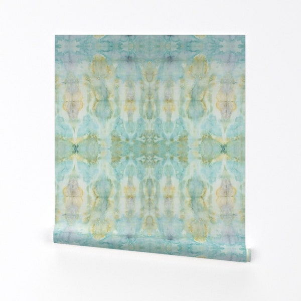 Green Wallpaper - Shibori Aqua Watercolor by michellemathis -  Yellow Aqua Beach Sea Removable Peel and Stick Wallpaper by Spoonflower