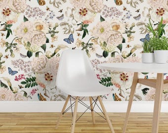 Butterflies Peel and Stick Wallpaper - Botanical Cottagecore English Country - Removable Wall Decor Art -  Vintage Floral Bouquet by utart