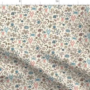 Whimsical Sewing Fabric - Sewing Notions by luli_print -  Ditsy Floral Cute Notions Thread Bobbins Pins Fabric by the Yard by Spoonflower