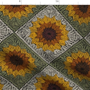May include: A seamless pattern featuring a repeating design of stylized sunflowers in shades of yellow, orange, brown, and green. The sunflowers are arranged in a diamond pattern against a black background.