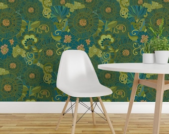 Kaleidoscope Wallpaper - Retro Floral 1970 By Honoluludesigns - Blue Green Vintage Removable Self Adhesive Wallpaper Roll by Spoonflower