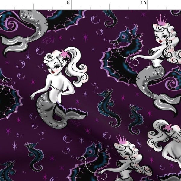 Retro Pin Up Mermaid Fabric - Pearla Mermaid On Purple by miss_fluff - Retro Vintage Inspired Pink Fabric by the Yard by Spoonflower