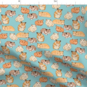 May include: A seamless pattern featuring a variety of hamsters in different poses on a light blue background. The hamsters are drawn in a cartoon style and are in various shades of brown and beige.