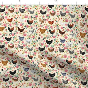 Chicken Breeds Fabric - Floral Chickens By Petfriend - Yellow Farm Pink Flowers Chicken Rooster Cotton Fabric By The Yard With Spoonflower