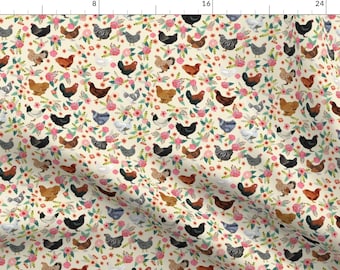 May include: A seamless pattern featuring a variety of colorful chickens and floral designs on a cream background. The chickens are depicted in various poses and colors, including brown, black, white, and gray. The floral designs are pink, red, and green.