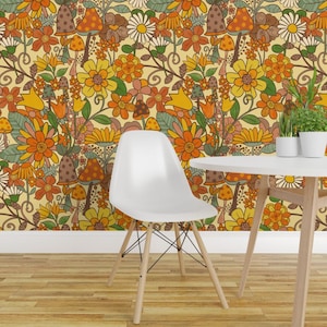 Vintage Hippy Floral Peel and Stick Wallpaper - Earth Tones Mushrooms 70s - Removable Wall Decor Art - Toadstools & Flowers  by kimmygowland