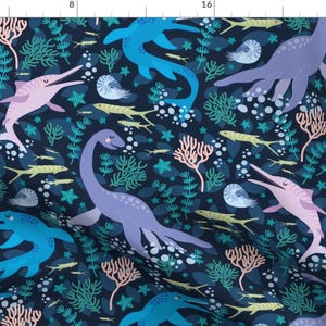 Dinosaur Blue Purple Prehistoric Nursery Fabric - Jurassic Sea Life By Bamokreativ - Dinosaur Cotton Fabric By The Yard With Spoonflower