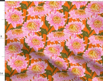 Colorful Flowers Fabric - Flowers Orange by isabellamaree - Bold Floral Pink Dahlia Bright Orange Leaves Fabric by the Yard by Spoonflower