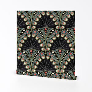 Carta da parati Art Deco - Piume di pavone Art Deco personalizzate da Lilalunis - Rotolo di carta da parati adesiva rimovibile stampata personalizzata da Spoonflower