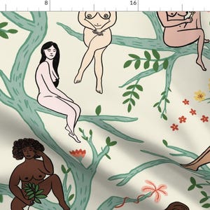 Boho Women Apparel Fabric - Women In Trees by dasbrooklyn - Floral Trees Turquoise Botanical Naked Feminist Clothing Fabric by Spoonflower image 1