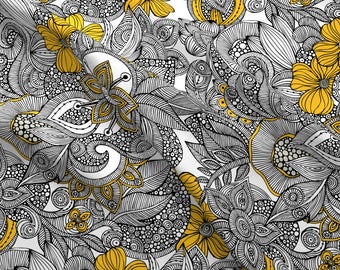 Henna Floral Fabric - Doodles Black And Yellow By Valentinaharper - Retro Illustrated Flowers Cotton Fabric By The Yard With Spoonflower