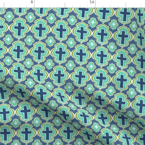 Cross Fabric - Christian Cross By Rickrackscissorsstudio - Blue Teal Religious Home Decor Cross Cotton Fabric By The Yard With Spoonflower