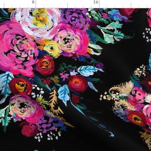 Black Floral Fabric - Bright Floral Painting On Black Background By Theartwerks -Black Floral Cotton Fabric By The Yard With Spoonflower