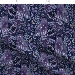 Black Fabric - Celestial Cat In Lunar Witchs Garden  by kittenlane - Night Cats Halloween Midnight Stars Fabric by the Yard by Spoonflower