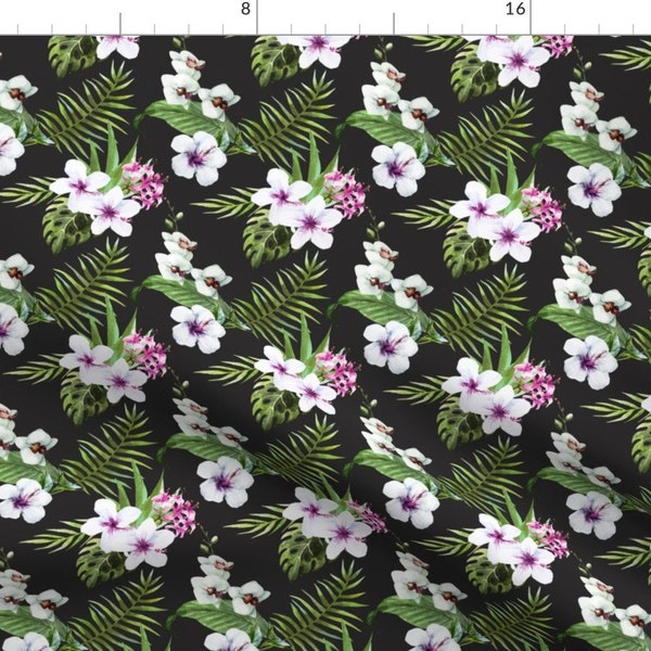 Floral Fabric - Tropical Orchid Palm Leaf Frawn Watercolor Water Color On Black By Khaus - Floral Cotton Fabric By The Yard With Spoonflower