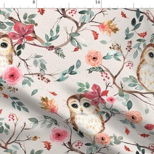 Nocturnal Animals Fabric - Owls Tree Watercolor By Ninola-Design - Floral Birds Woodland Dainty Cotton Fabric By The Yard With Spoonflower