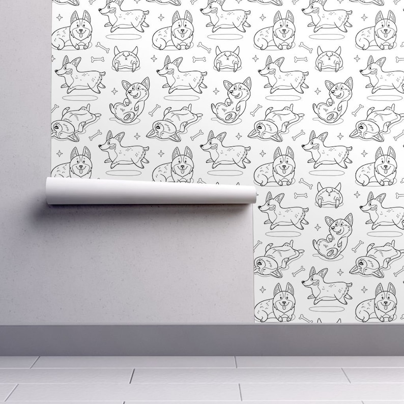 Corgi Wallpaper Dog Children Custom Printed Removable Self Adhesive Wallpaper Roll by Spoonflower Corgis Coloring Print By Penguinhouse