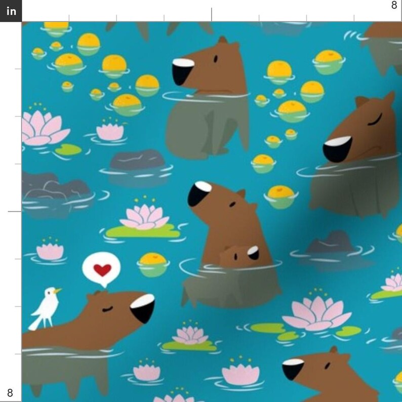 May include: A teal blue background with a repeating pattern of brown capybaras swimming in a pond with pink water lilies, yellow lily pads, and grey rocks. A white bird is perched on the head of one capybara.