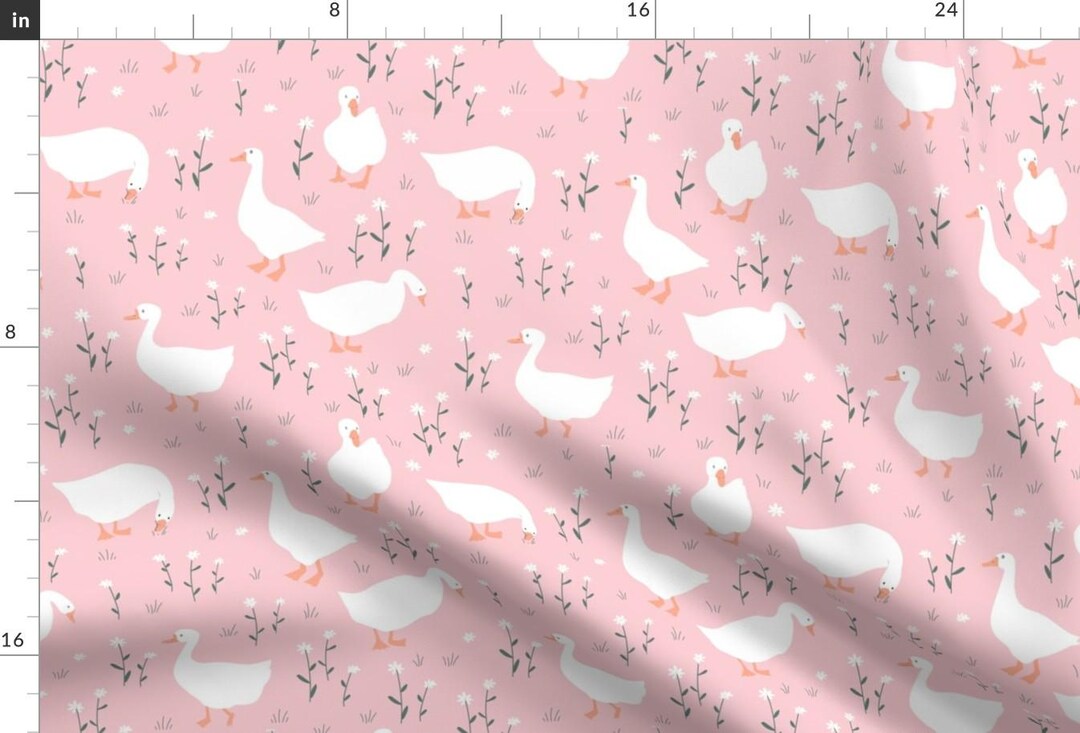 Geese on Pink Fabric Goose Meadow by Toltemara Whimsical Goose Cute  Geese Spring Meadow Fabric by the Yard by Spoonflower