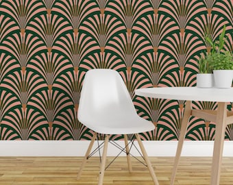 Art Deco Peel and Stick Wallpaper - Geometric Salmon Pink - Removable Wall Decor Art - Art Deco Pink And Green Fans by sophieworrall